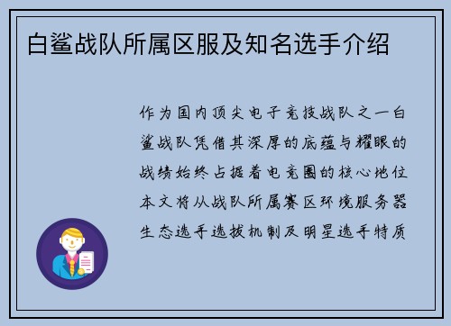 白鲨战队所属区服及知名选手介绍