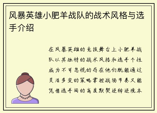 风暴英雄小肥羊战队的战术风格与选手介绍